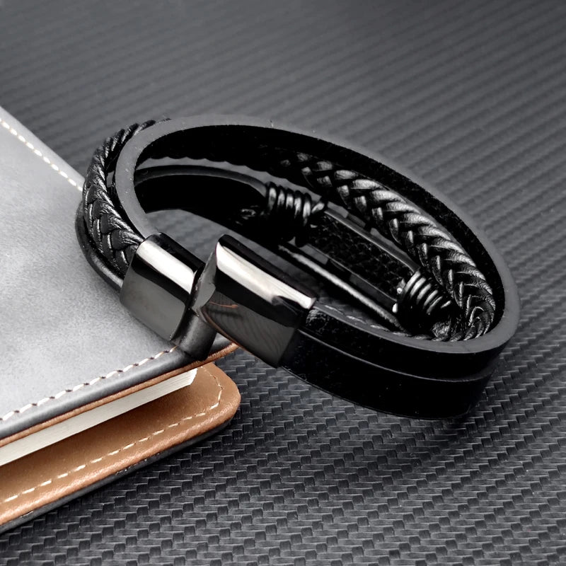 Charm Stainless Steel Leather Cross Brown/black Bracelet Men Hiphop Jewelry Magnetic Clasp Mutilayer Male Cuff Wrap Bangle Gift Usedleon