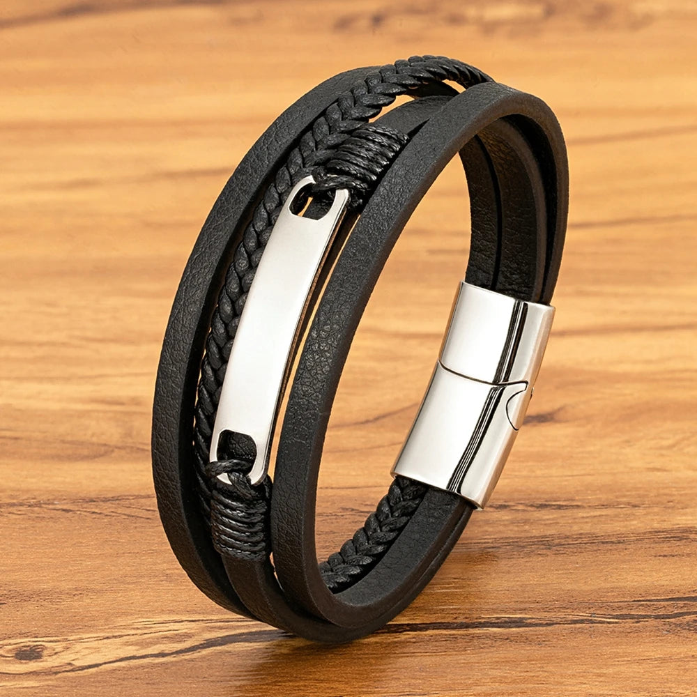 Pulseira masculina XQNI de couro trançado multicamadas, moderna e estilosa, com fivela de aço inoxidável, acessório de joalheria para presente.
